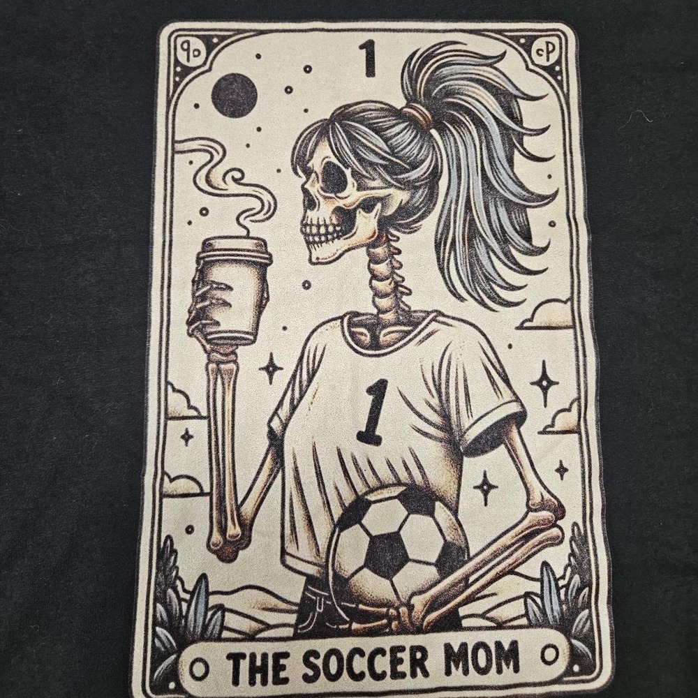 Port & Company Soccer Mom Tarot Card T-Shirt Womens Large Black Skeleton Graphic